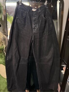 Free people shiny mid rise barrel jeans